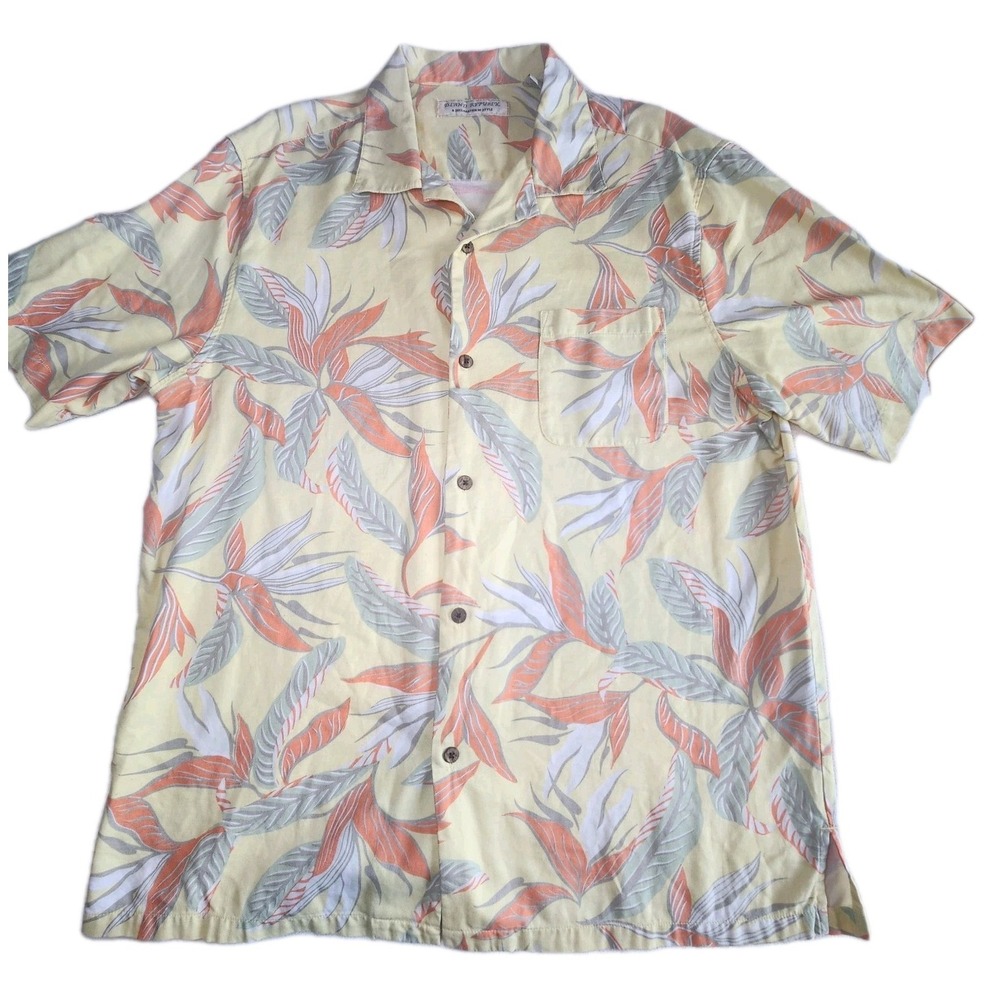 ISLAND REPUBLIC 100% Silk Hawaiian Shirt Mens XL Yellow Tropical Resort Beach